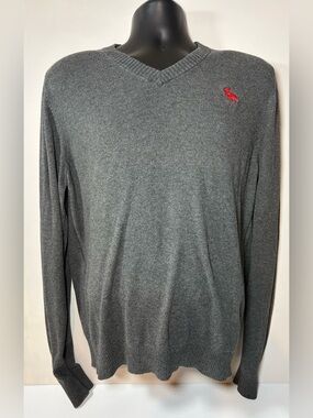 Abercrombie & Fitch Men's Charcoal Gray V-Neck Sweater with Red Logo